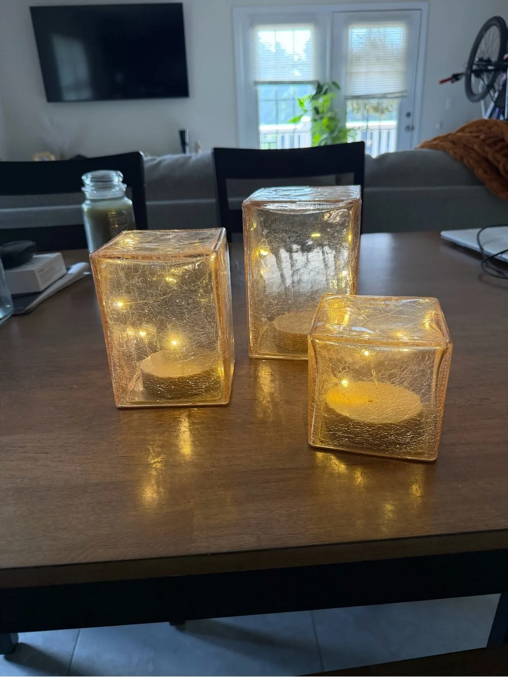 Gold Crackle Glass Cube Candle Holders - Set of 3